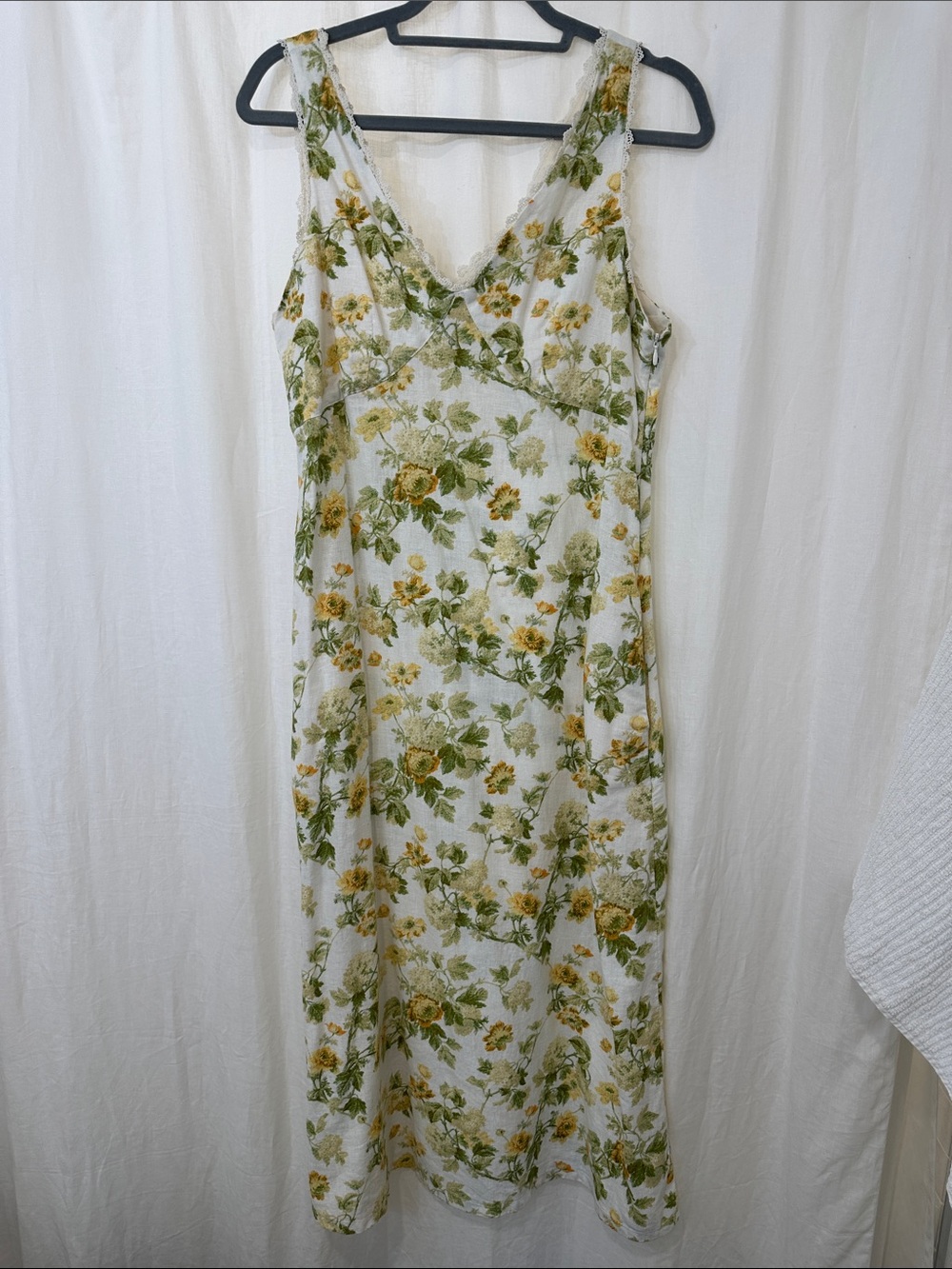 Laura Ashley White Linen Maxi Dress with Yellow Floral & Green Leaves